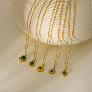 French vintage gold-plated stainless steel necklaces with emerald malachite pendants