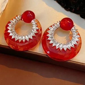 Vintage Round Resin Hoop Earrings With Rhinestone Inlay And Silver Earring Post Exaggerated Retro Jewelry For Women