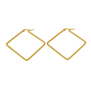 Polished titanium steel square hoop earrings in golden finish on white background
