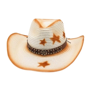 Western style straw cowboy hat with brown stars and decorative leather band for sun protection