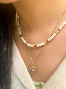 Double-layered 18k gold plated necklace with white round beads and purple heart pendant