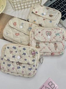 Quilted floral cotton organizer bag with cartoon bear bunny print and metal ring hook