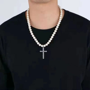 Vintage Faux Artificial Pearl Necklace With Rhinestone Cross Pendant For Men Minimalist Fashion Alloy Beaded Jewelry