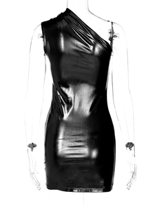 Detail of black metallic one shoulder mini dress with glossy finish and elegant ruching