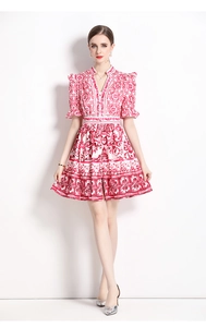 Detail of V-neck red and white porcelain print dress with flared sleeves and buttoned front