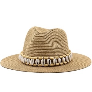 Straw Panama jazz hat with wooden beads and shell accents for summer outdoor fashion