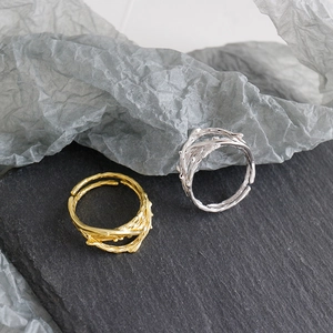 Irregular branch texture S925 sterling silver open rings in gold and silver finish