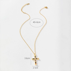 Detailed size specifications for gold cross necklace with colorful zircon pendant