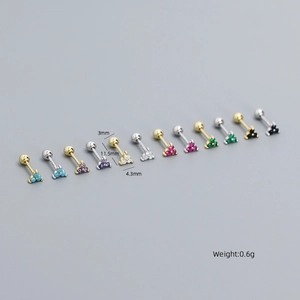 Detailed view of colorful clover stud earrings in 10 colors with size and weight specs