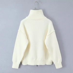 Back view of white knitted cardigan sweater with stand collar and zipper detail