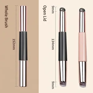 Dual-ended silicone concealer and lipstick brush with rose gold tubes and protective caps