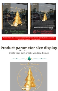 Détails des stickers dorés pour fenêtre sapin de Noël avec guide de taille et motifs de fête