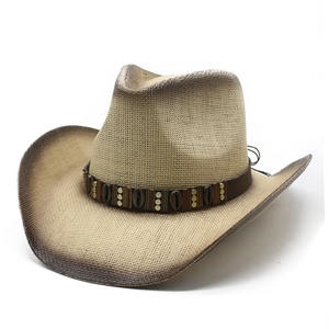 Western straw cowboy hat with gradient spray paint brim and leather studded band