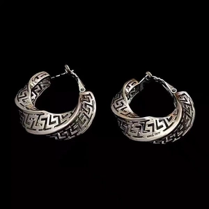 Vintage Copper Greek Key Hollow Hoop Earrings For Women Luxury Meander Pattern Twisted Round Geometric Jewelry Accessories