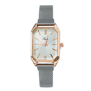 Women's rose gold square watch with a white dial and silver mesh steel strap