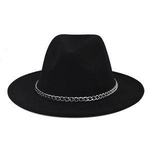 Detail of silver thick metal chain decoration on a black wool felt fedora hat