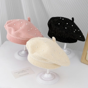 Kids Knit Beret Hat With Faux Artificial Pearl Elegant Lurex French Style Warm Artist Cap For Toddler Girls