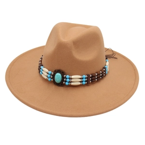 Camel wide brim fedora hat with turquoise bohemian beaded band for men and women