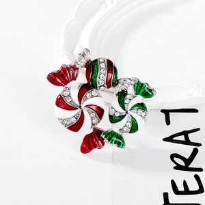 Spilla vintage di caramelle natalizie con smalto rosso e verde e strass scintillanti