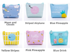 Detailed grid of six cartoon PU leather coin purses with colorful patterns and zipper closure
