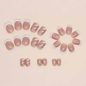 Short square marble white French tip press-on nails with golden heart art accents