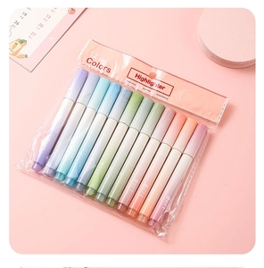Detail of 12-color pastel highlighter set with super soft tips on pink background