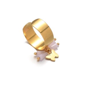 Golden wide band ring featuring pink bead and butterfly charm on white background