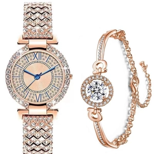Coffret montre et bracelet de luxe pour femme en or rose avec cadran soleil et cristaux