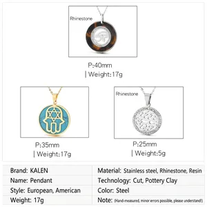 Detail of stainless steel pendants with Eye of Horus and Hand of Fatima symbols