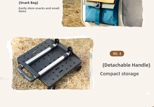 Detail of detachable trolley base with wheels and blue accessory pocket for pet carrier