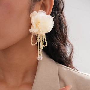 Elegant beige chiffon flower tassel earrings with intricate glass beads for women