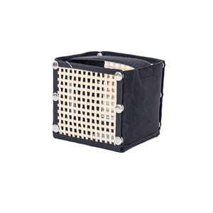 Square black felt storage box with bamboo weave side panels and metal rivets