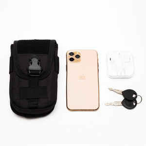 Black tactical camo waist bag with nylon material and buckle, shown with phone and keys