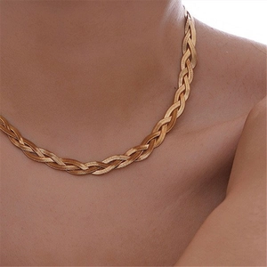 Three-layer gold snake bone chain necklace with layered flat braid design for women
