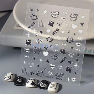 Autocollants Art Des Ongles 5D Relief Chat Noir Et Blanc Dessin Animé Coeur Étoile Adhésif Imperméable Décoration Manucure