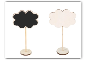 Detail of creative cloud-shaped mini chalkboard with natural wood stand for table decor