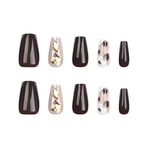 Deep brown matte nails with glitter accents and leopard pattern coffin shape tips