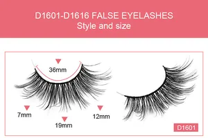 Size chart for D1601 thick false eyelashes with length measurements 36mm, 7mm, 19mm, 12mm