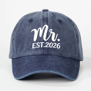 Vintage navy blue washed baseball cap with white Mr. EST. 2026 print and adjustable strap