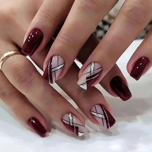 Wine Red Silver Glitter Acrylic Press On Nails Geometric Line Square Shape Elegant Fashion False Nails For Women