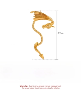 Detailed view of the gold dragon ear cuff showing 8.7cm height and wing design
