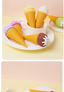 Macro detail of artificial PVC ice cream cones with textured waffle patterns and sprinkles
