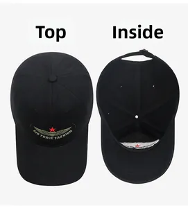Inside and top view of black cotton baseball cap with embroidered Air Force wings logo
