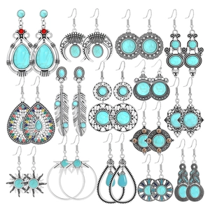 12 pairs of Bohemian vintage teardrop earrings with turquoise and silver accents