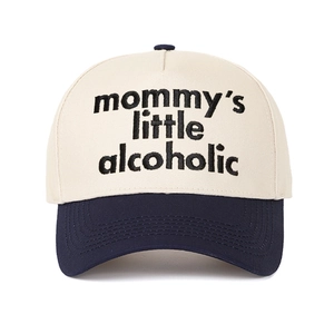 Close-up of the two-tone baseball cap featuring Mommy's Little Alcoholic embroidery