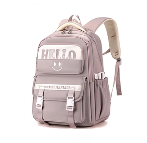 Detail view of large capacity lavender school backpack with ergonomic straps and front pockets