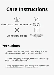 Care label for winter hat showing hand wash, do not bleach and hang dry instructions