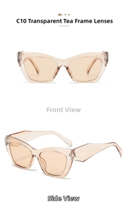 Front and 45-degree angle view of transparent tea brown square cat eye sunglasses