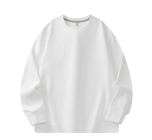 Close-up of white crewneck sweatshirt showing ribbed collar with gray inner piping detail