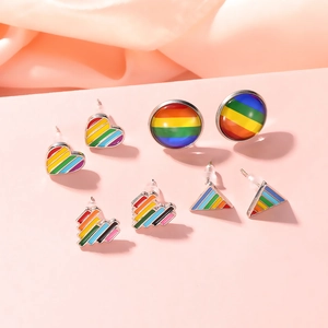 Rainbow Stripes Stud Earrings Alloy Geometry Heart Triangle Round Earrings For Women Girls Fashion Pride Month Ear Jewelry